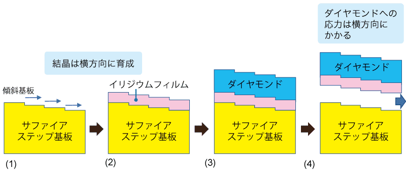 ステップフロー成長：結晶は横方向に育成、ダイヤモンドへの応力は横方向にかかる（傾斜基板、Sapphire step substrate, Ir buffer, Diamond）